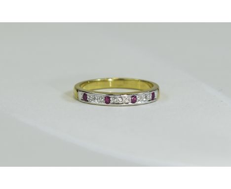Diamond & Ruby Half Eternity Ring, set with alternating round cut rubies and diamonds diamond, yellow metal shank unmarked. R