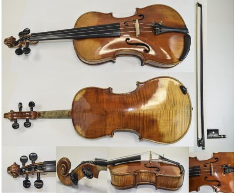 German Late 19th Century Factory Made 3/4 Violin and Bow. Stradivarius Label to Interior of Violin. Back Measures 13 Inches, 