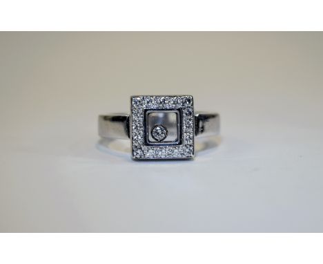 Chopard Happy Diamonds 18kt White Gold Square Diamond Ring with Floating Diamond, Complete With Fitted And Outer Boxes