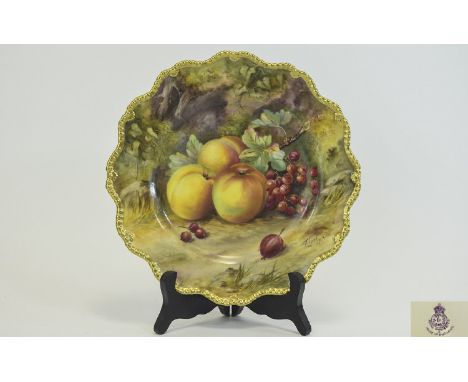 Royal Worcester Hand Painted and Shaped Cabinet Plate ' Fallen Fruits ' c.1928. Signed T. Lockyer. Diameter 8.75 Inches, Very