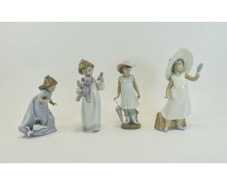 Collection of 4 Neo Female Figurines to include Girl with hand mirror, girl with a parasol, girl with teddy bear and girl pla