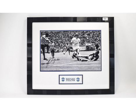 Football Interest. Signed photo of Jairzinho scoring against England, Mexico 1970 World Cup, complete with 'True Colours' Cer