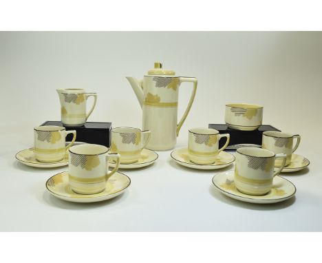 Royal Doulton Art Deco 15 Piece Coffee Set ' Athlone ' Pattern. D5551. Comprises 1 Coffee Pot, 5 Coffee Cans and Saucers, 1 M