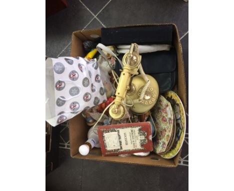 Box of Miscellaneous comprising pottery, textiles, woodenware, unopened Lady Diana commemorative whiskey decanter, Italian fi