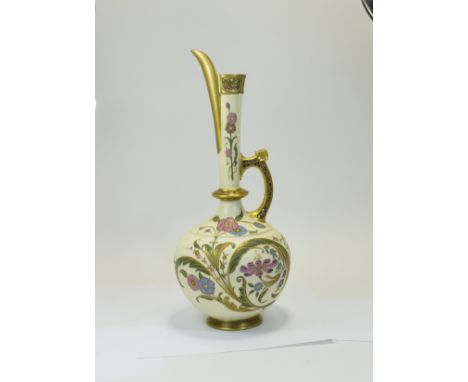 Royal Worcester Large and Impressive Blush Ivory Persian Style Ewer / Jug. Decorated with Painted Floral Images to Neck and B