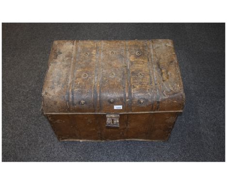 Early 20th Century Pressed Tin Trunk / Bedding Box with painted blue interior. Hinged lid, H 19" x 27" x 19"