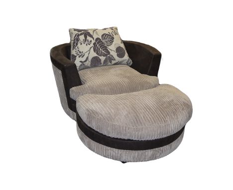 A Modern, Stylish and Large - Leather and Chord Swivel Armchair and Matching Pouffe of Generous Per portions. Sizes Approx - 