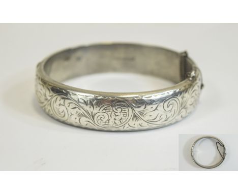 Edwardian Silver Hinged Bangle with Stylised Floral Engraving to Outer with Attached Safety Chain. Hallmark Birmingham 1902. 