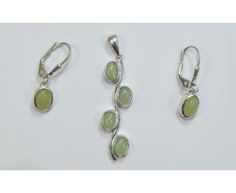 Natural Mint Green Opal Pendant and Drop Earrings Set, the line pendant bezel set with four oval cut cabochons of the rare, n