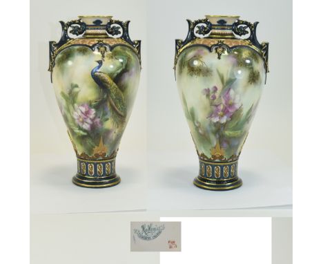 Hadleys - Worcester Nice Quality Hand Painted Tall Twin Handle Vase, Peacock In an Exotic Garden Setting. c.1880's. Stands 12