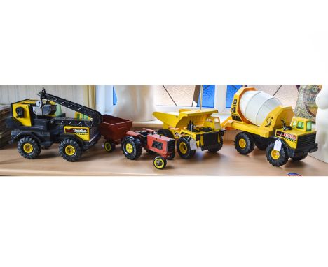 Tonka Tractor and Trailer Pressed Steel Construction. c.1980. 6.25 Inches High & 22 Inches In length + An Original and 1970's