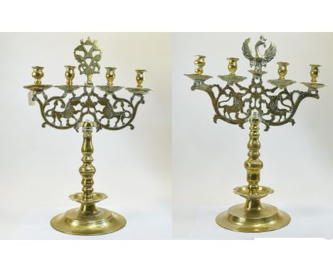MATCHED PAIR OF GERMAN BRASS FOUR-LIGHT CANDELABRA 18TH CENTURY