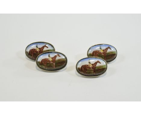 Pair Of Silver Oval Enamelled Cufflinks, Showing Horse And Jockey Scenes. With Chain Fittings. Stamped 925