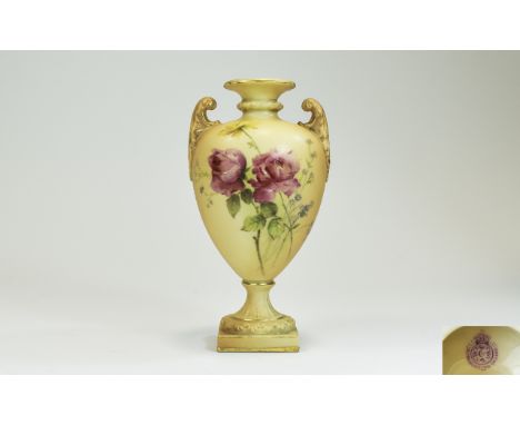 Royal Worcester Blush Ivory Vase. Painted Rose decoration, shape no. 2120, Dated 1905 - Height 6"