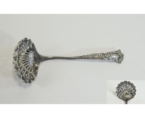 Edwardian Silver Ornate Caddy Spoon with Shell Pattern Bowl, Fancy Stem. Hallmark Sheffield. 4.1/8 Inches In Length. 