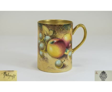 Royal Worcester Hand Painted and Signed Cup ' Fallen Fruits ' Stillife. Signed Roberts. 2.75 Inches High, Excellent Condition