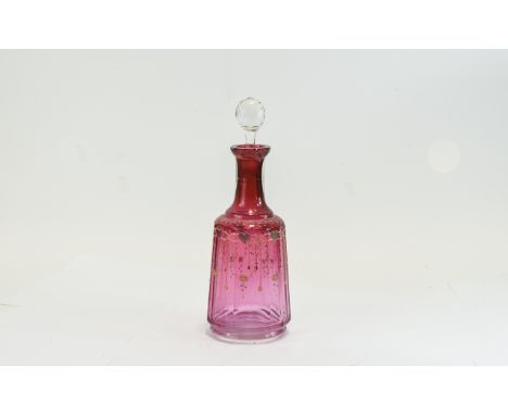 Ruby Glass Venetian Decanter, faceted form with gilt and enamel highlights. Height  10". Looks to be replacement stopper.