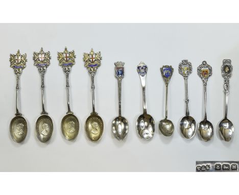 A Good Collection of Silver and Enamel Commemorative Spoons ( 10 ) In Total. All Spoons Fully Hallmarked for Silver - Please 