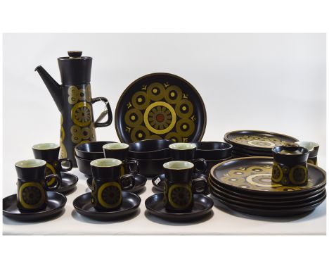 DENBY POTTERY ARABESQUE DINNER SET, placing's for 6 comprising 6 x 10" dinner plates, 6 x 8" side plates, 6 x bowls, coffee p