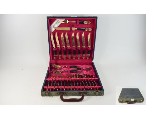 Bronze Cutlery Tea Set. Unusual bronzed metal boxed cutlery set comprising 29 items. Includes serving spoon, carving knife, t