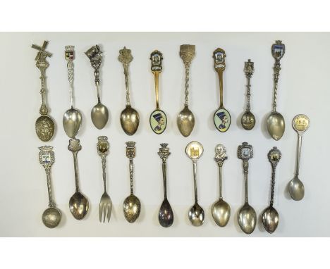 A Large Collection of Vintage Silver Plated and Enamel Commemorative Spoons ( 20 ) Spoons In Total - Please See Photo. 