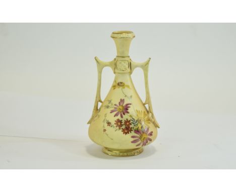 Royal Worcester Blush Ivory Twin Handle Specimen Vase ' Spring Flowers ' Painted Gold Borders. Date 1895. 6 Inches High, Exce