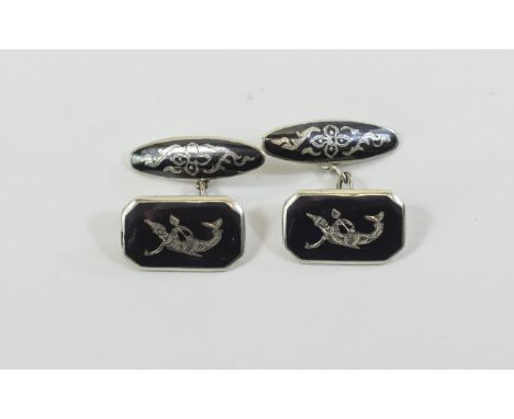 Pair Of Silver And Niello Octagonal Cufflinks, Chain Fittings. Each Cufflink depicting a Native Dancer. Marked " Siam Sterlin