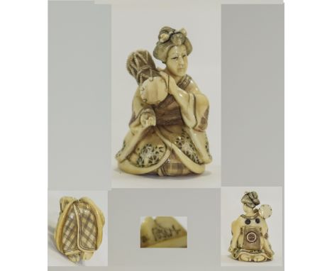 Japanese - Very Fine Carved Ivory Netsuke From The Meiji Period 1864 - 1912. Signed to Bottom of Right Foot.  ' Japanese Lady