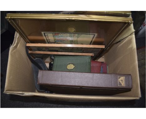 Mixed Lot of Collectables comprising two pairs of binoculars, two packs of playing cards, mid 20thC manicure set, framed pict