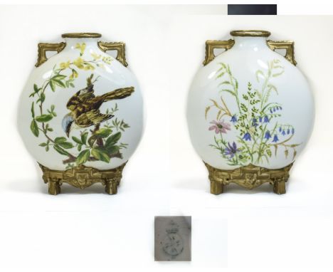 Royal Worcester Hand Painted Twin Handle Moon Flask, Decorated with Images of Birds and Flowers on a White Porcelain Ground, 