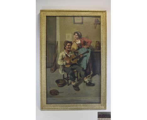M Falero Painting, Oil Early 20th Century on Canvas, Continental / Italian School, Interior figures, man playing music. Perio
