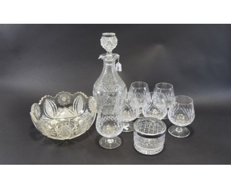 Large Good Quality Cut Glass Decanter together with 6 brandy glasses. Also includes fruit bowl and flower dish with star cut 