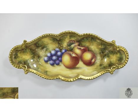 Royal Worcester Hand Painted and Signed Gondola Shaped Dish ' Fallen Fruits ' Stillife. Signed M. Johnson. Excellent Conditio