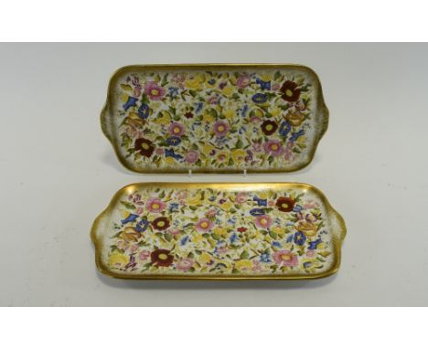 Hammersley  China Pair of Rectangular Sandwich Trays Acid gold border with fancy fruit and foliage design in green, red, pink