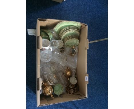 Box Of Assorted Glass Ware And Ceramics including gilt tea set, mint green with gilt decoration part set and assorted glass w