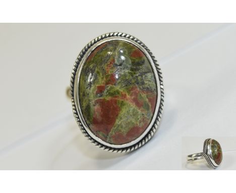 Unakite Solitaire Statement Ring, hand made, with an oval cabochon of 16cts of the unusual, natural leafy green and light tan