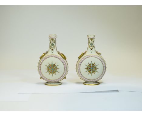 Royal Worcester Hand Decorated Pair of Jeweled Globe Shaped Vases, Both Vases Inset With Jeweled Decoration to Central Star b