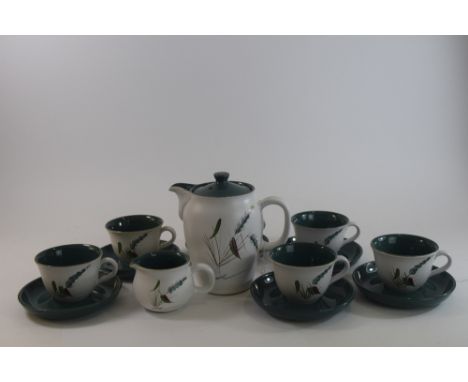 Greenwheat Denby Coffee and Cream Jug Set. With feather detail, includes 6 cups and saucers