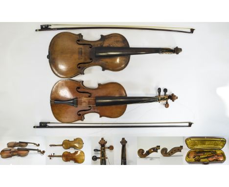 Late 19th Century German Violins and Bows ( 2 ) Violins In Total. With Original Two Violin Case, Both Violins 2 Piece Backs, 