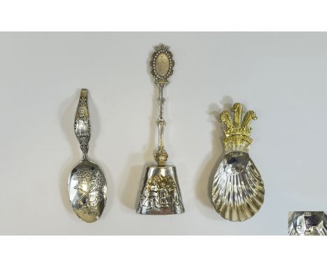 A Collection of Silver 20th Century Caddy Spoons ( 3 ) Comprises 1/ Dutch Silver Caddy Spoon with Embossed Figural Bowl, Mark