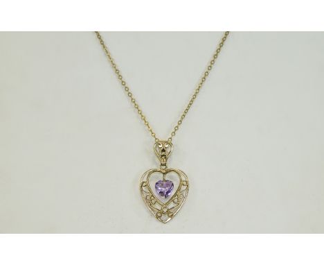 Vintage 9ct Gold Heart Shaped Stone Set Pendant with Attached 9ct Gold Chain. Fully Hallmarked. 18 Inches In Length. Nice Con