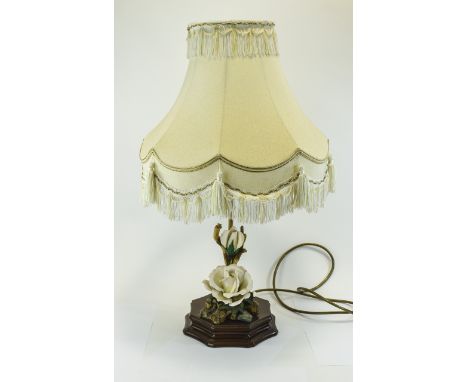 Decorative Lamp with Cream Ceramic Rose Detail Hexagonal wooden base with cream fabric shade and gold trim
