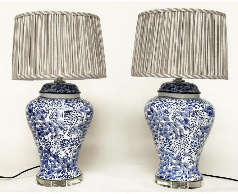 TABLE LAMPS, a pair, Chinese 'La Foret' blue and white ceramic table lamp, of lidded vase form (with shade), 82cm H. (2) 