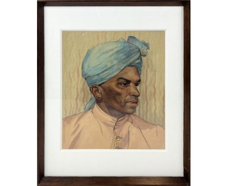 INDIAN SCHOOL c.1920, 'Portrait of a Man in Blue Turban', watercolour, 44cm x 37cm, framed. 