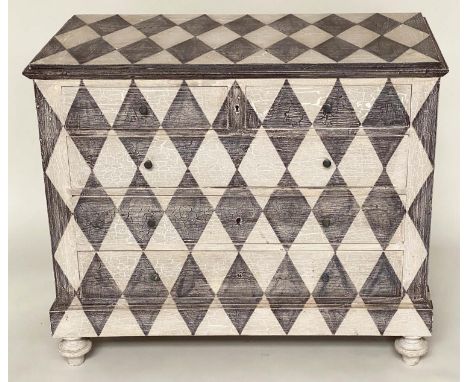 HARLEQUIN COMMODE, 19th century Continental Craquelure Harlequin painted with four long drawers and turned toupie supports, 1