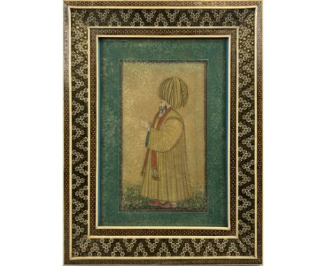 MUGHAL SCHOOL, 'Portrait of a Mullah or Statesman', likely Melek Ahmed Pasha (1604-1662), watercolour and gilt, 23cm x 16cm, 