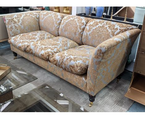 GEORGE SMITH SOFA, 90cm D x 225cm W x 85cm, model 'Ashley' in a blue and gold Damask. 