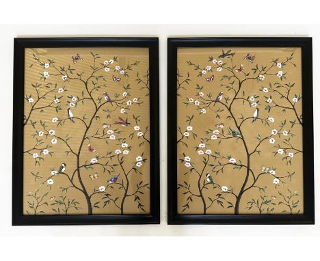 PRINTS OF HUMMING BIRDS, a pair, framed and glazed of humming birds amongst blossom on a gilt backs round, 67cm x 87cm H. (2)