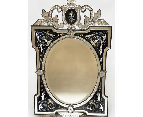 VENETIAN WALL MIRROR, early 20th century etched blue and clear glass with oval centre and shield with over enamel detail, 105