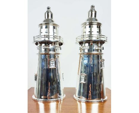 COCKTAIL SHAKERS, a pair, in the form of light houses, polished metal, 35cm H x each. (2) 